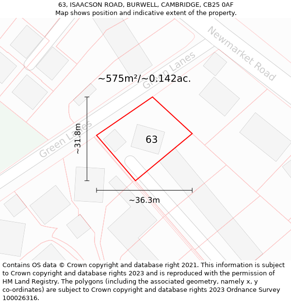 63, ISAACSON ROAD, BURWELL, CAMBRIDGE, CB25 0AF: Plot and title map