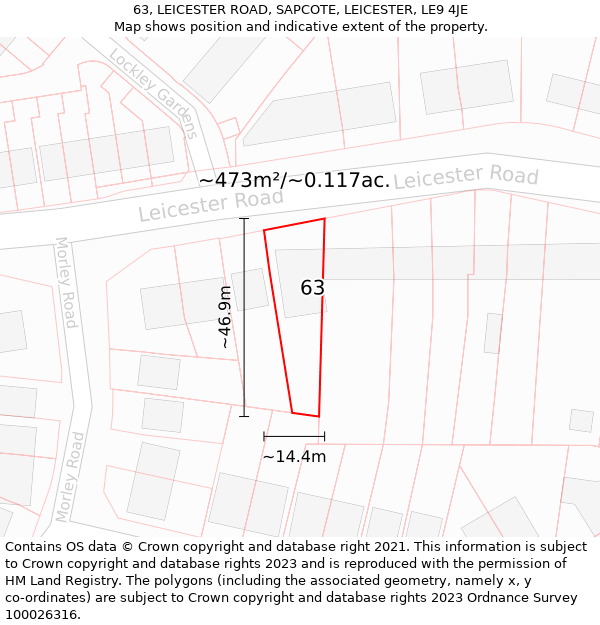 63, LEICESTER ROAD, SAPCOTE, LEICESTER, LE9 4JE: Plot and title map