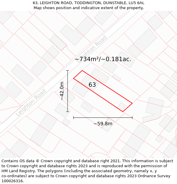 63, LEIGHTON ROAD, TODDINGTON, DUNSTABLE, LU5 6AL: Plot and title map