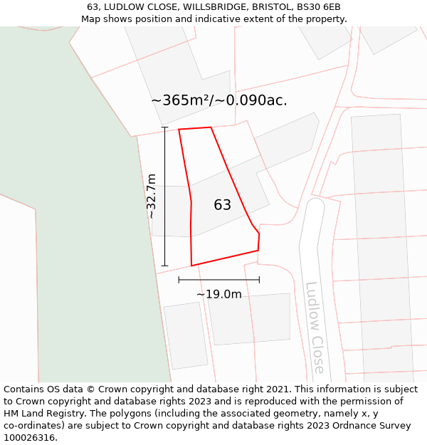 63, LUDLOW CLOSE, WILLSBRIDGE, BRISTOL, BS30 6EB: Plot and title map