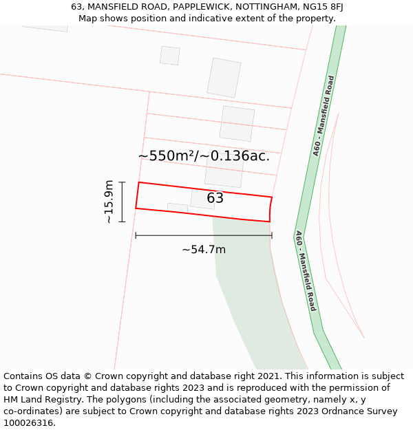 63, MANSFIELD ROAD, PAPPLEWICK, NOTTINGHAM, NG15 8FJ: Plot and title map