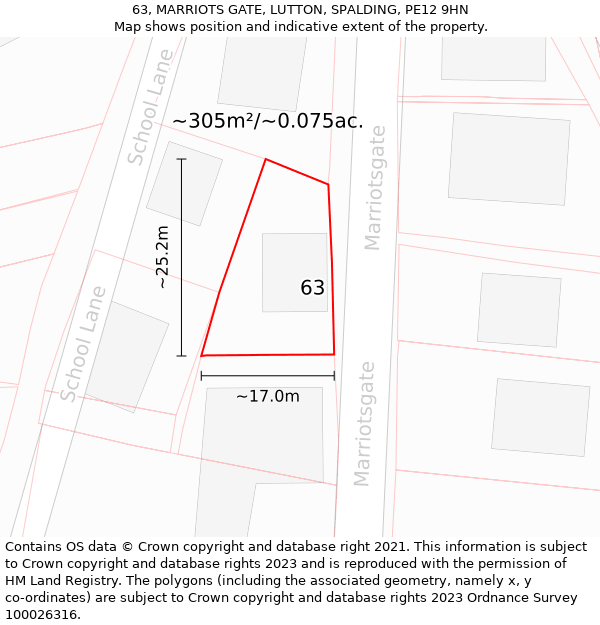 63, MARRIOTS GATE, LUTTON, SPALDING, PE12 9HN: Plot and title map