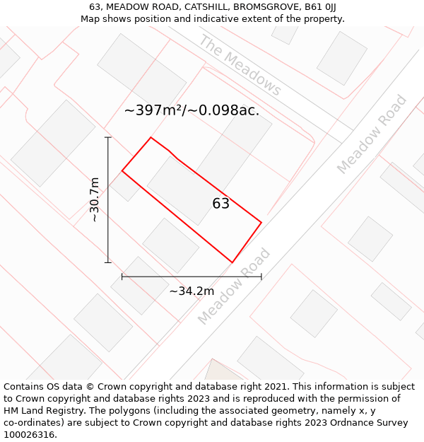 63, MEADOW ROAD, CATSHILL, BROMSGROVE, B61 0JJ: Plot and title map