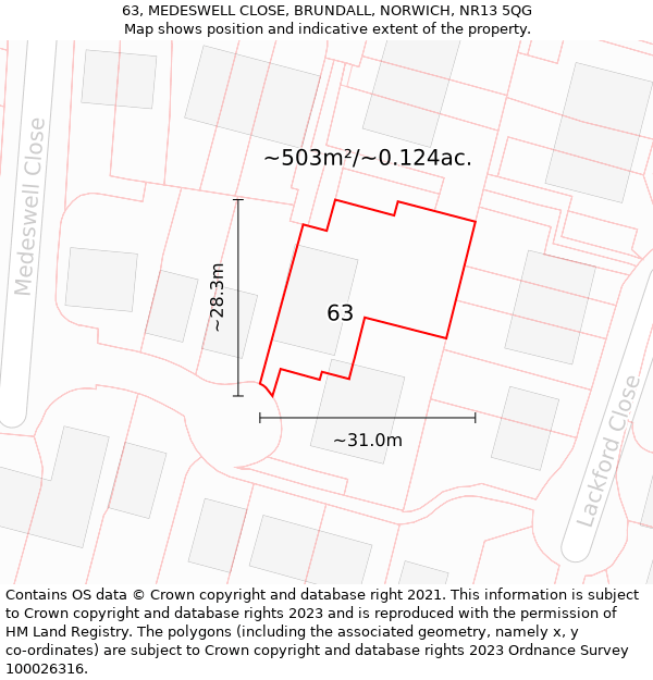 63, MEDESWELL CLOSE, BRUNDALL, NORWICH, NR13 5QG: Plot and title map
