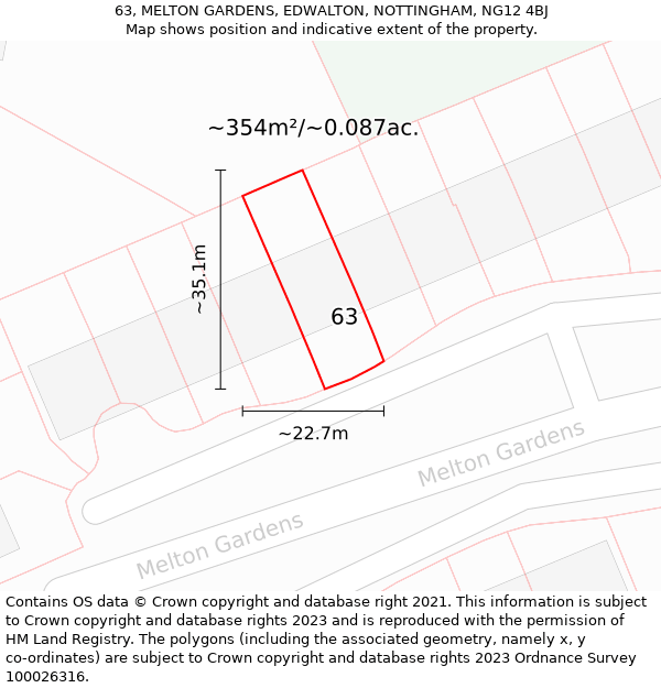 63, MELTON GARDENS, EDWALTON, NOTTINGHAM, NG12 4BJ: Plot and title map