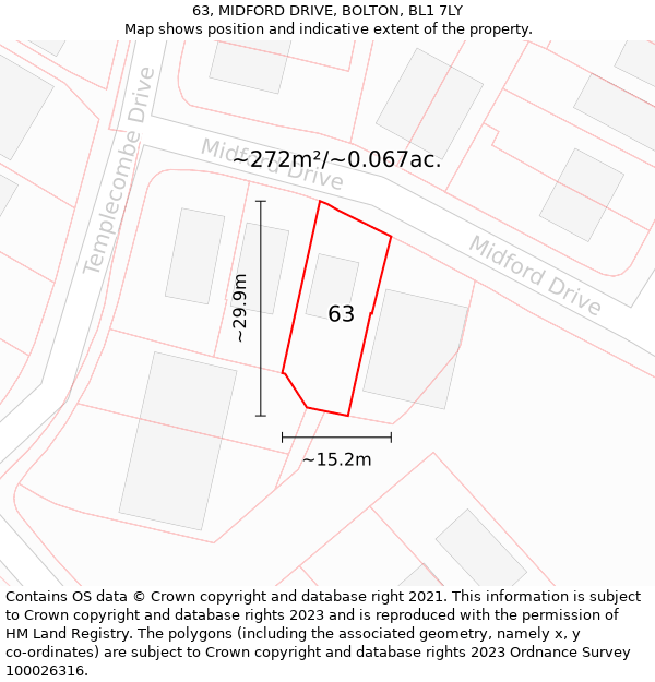 63, MIDFORD DRIVE, BOLTON, BL1 7LY: Plot and title map