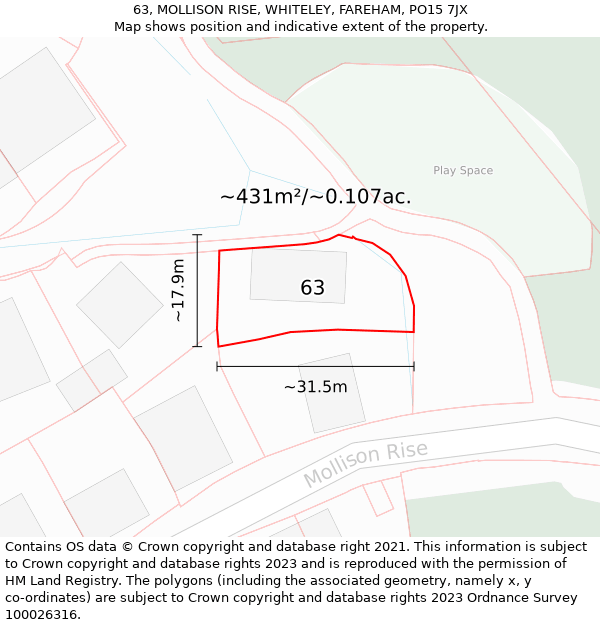 63, MOLLISON RISE, WHITELEY, FAREHAM, PO15 7JX: Plot and title map