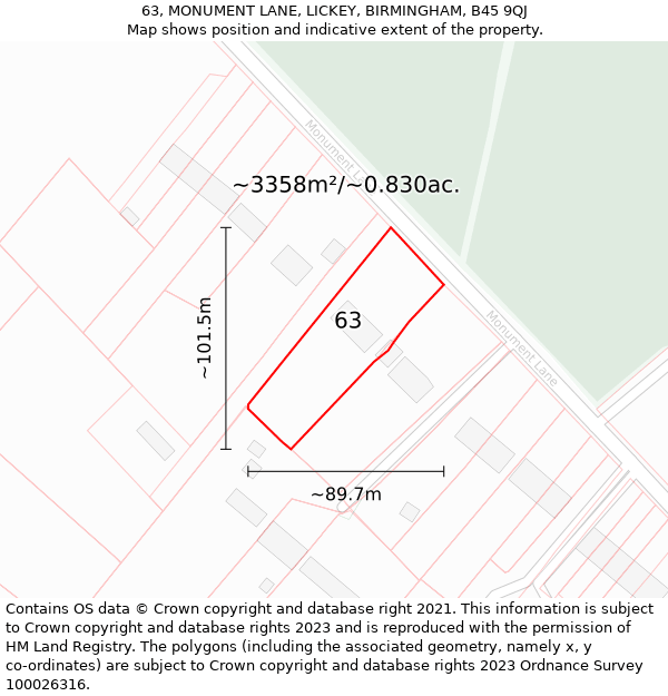 63, MONUMENT LANE, LICKEY, BIRMINGHAM, B45 9QJ: Plot and title map