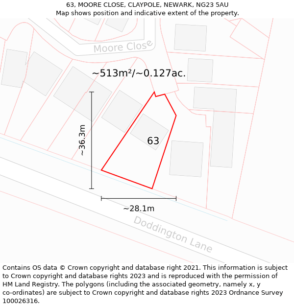 63, MOORE CLOSE, CLAYPOLE, NEWARK, NG23 5AU: Plot and title map