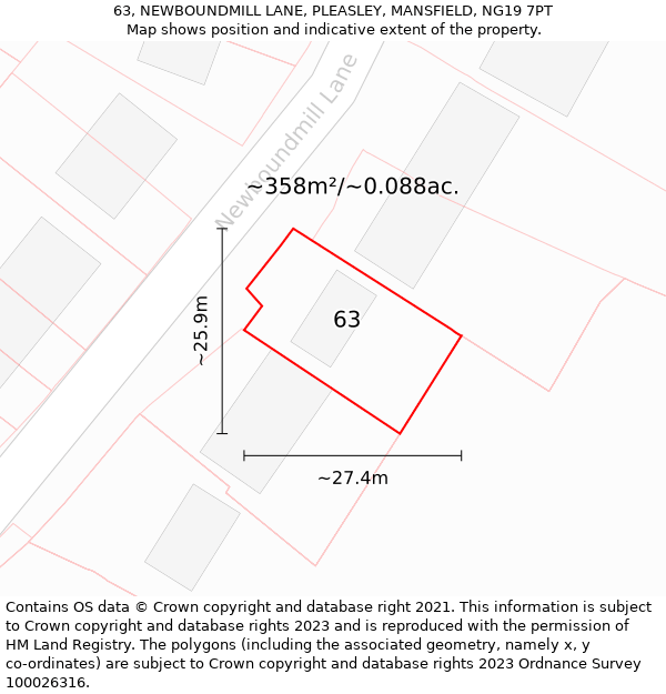 63, NEWBOUNDMILL LANE, PLEASLEY, MANSFIELD, NG19 7PT: Plot and title map