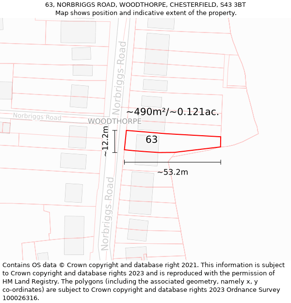 63, NORBRIGGS ROAD, WOODTHORPE, CHESTERFIELD, S43 3BT: Plot and title map