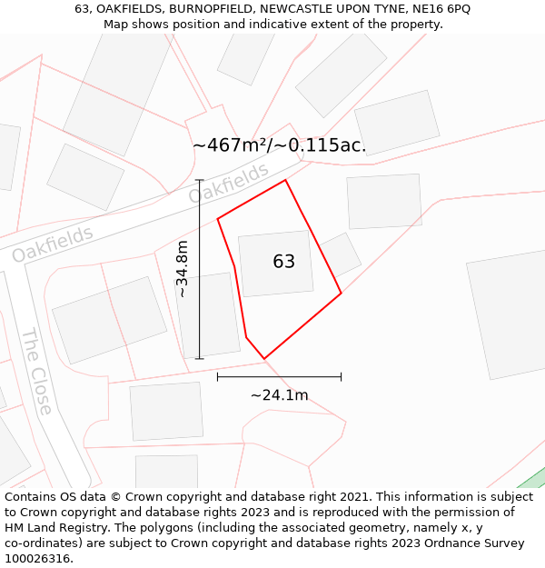 63, OAKFIELDS, BURNOPFIELD, NEWCASTLE UPON TYNE, NE16 6PQ: Plot and title map