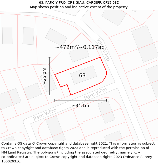 63, PARC Y FRO, CREIGIAU, CARDIFF, CF15 9SD: Plot and title map