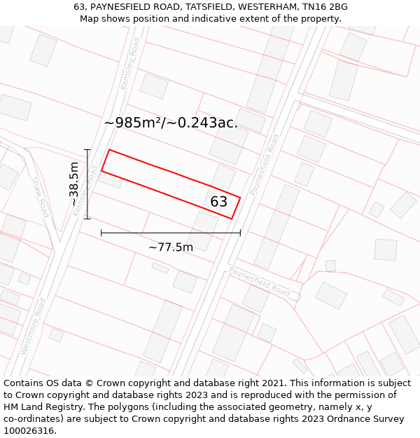 63, PAYNESFIELD ROAD, TATSFIELD, WESTERHAM, TN16 2BG: Plot and title map