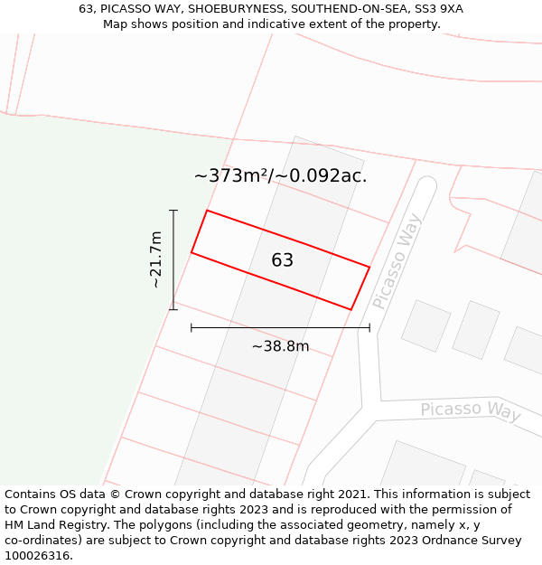 63, PICASSO WAY, SHOEBURYNESS, SOUTHEND-ON-SEA, SS3 9XA: Plot and title map