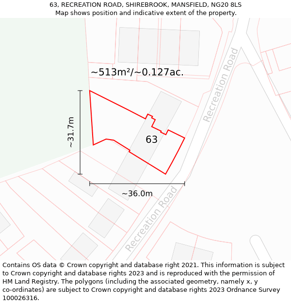 63, RECREATION ROAD, SHIREBROOK, MANSFIELD, NG20 8LS: Plot and title map