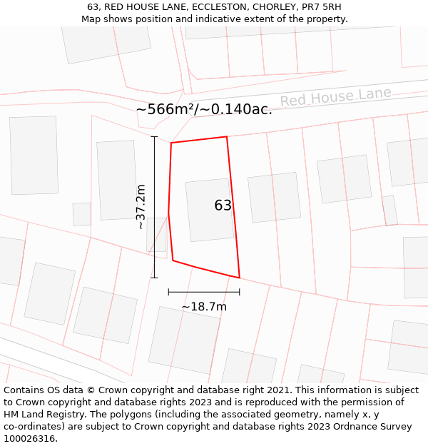 63, RED HOUSE LANE, ECCLESTON, CHORLEY, PR7 5RH: Plot and title map