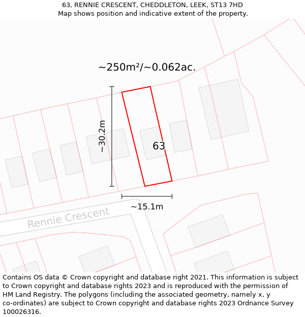 63, RENNIE CRESCENT, CHEDDLETON, LEEK, ST13 7HD: Plot and title map