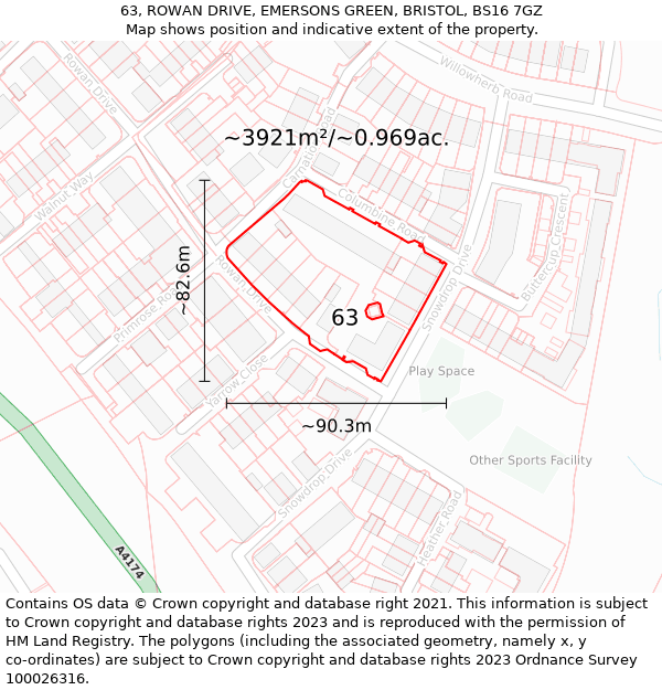 63, ROWAN DRIVE, EMERSONS GREEN, BRISTOL, BS16 7GZ: Plot and title map