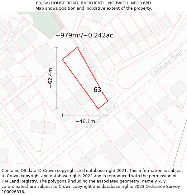 63, SALHOUSE ROAD, RACKHEATH, NORWICH, NR13 6PD: Plot and title map