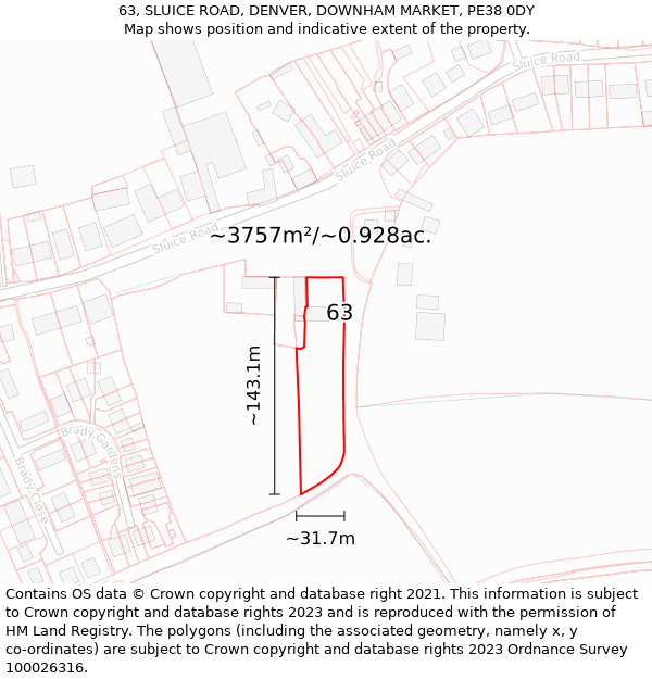 63, SLUICE ROAD, DENVER, DOWNHAM MARKET, PE38 0DY: Plot and title map