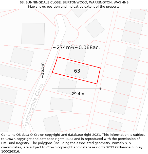 63, SUNNINGDALE CLOSE, BURTONWOOD, WARRINGTON, WA5 4NS: Plot and title map