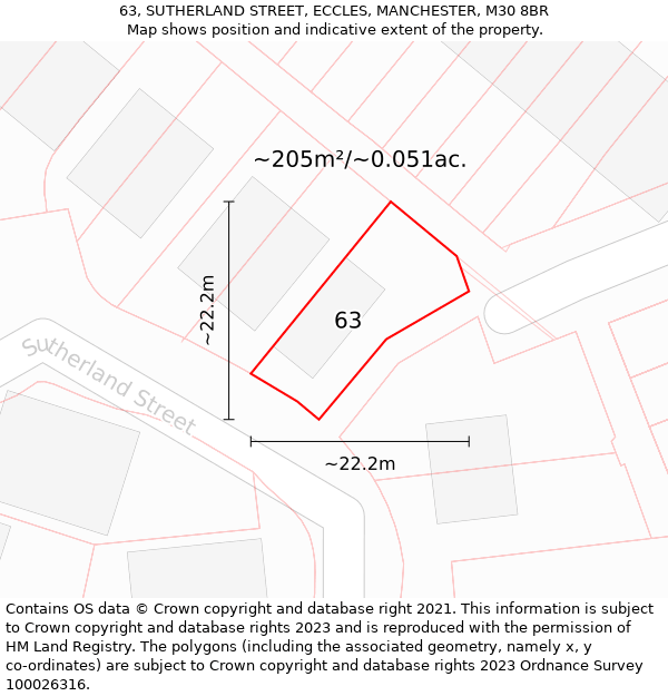 63, SUTHERLAND STREET, ECCLES, MANCHESTER, M30 8BR: Plot and title map