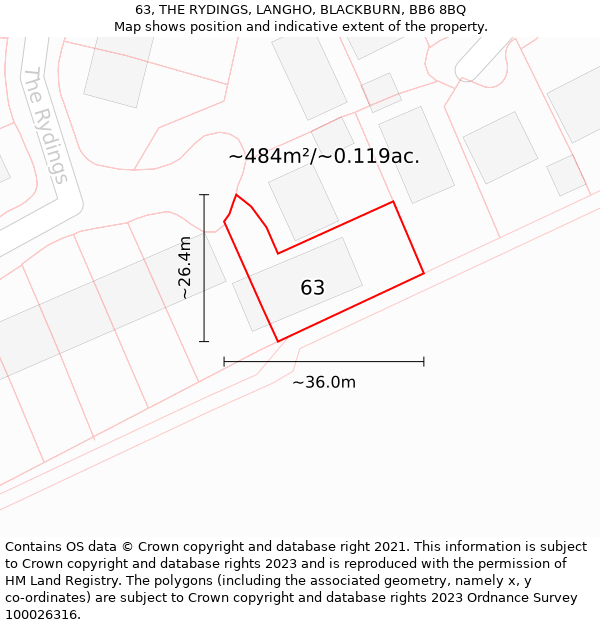 63, THE RYDINGS, LANGHO, BLACKBURN, BB6 8BQ: Plot and title map