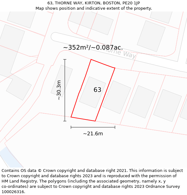 63, THORNE WAY, KIRTON, BOSTON, PE20 1JP: Plot and title map