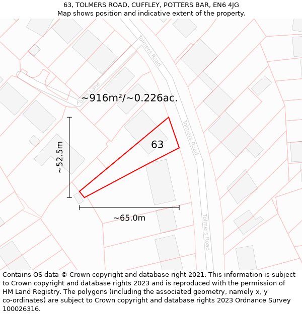 63, TOLMERS ROAD, CUFFLEY, POTTERS BAR, EN6 4JG: Plot and title map