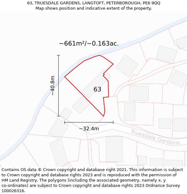 63, TRUESDALE GARDENS, LANGTOFT, PETERBOROUGH, PE6 9QQ: Plot and title map