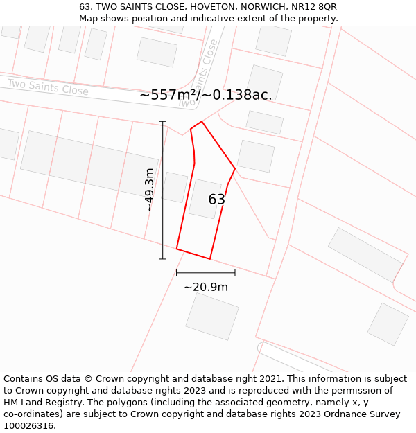 63, TWO SAINTS CLOSE, HOVETON, NORWICH, NR12 8QR: Plot and title map