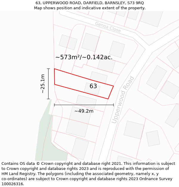 63, UPPERWOOD ROAD, DARFIELD, BARNSLEY, S73 9RQ: Plot and title map