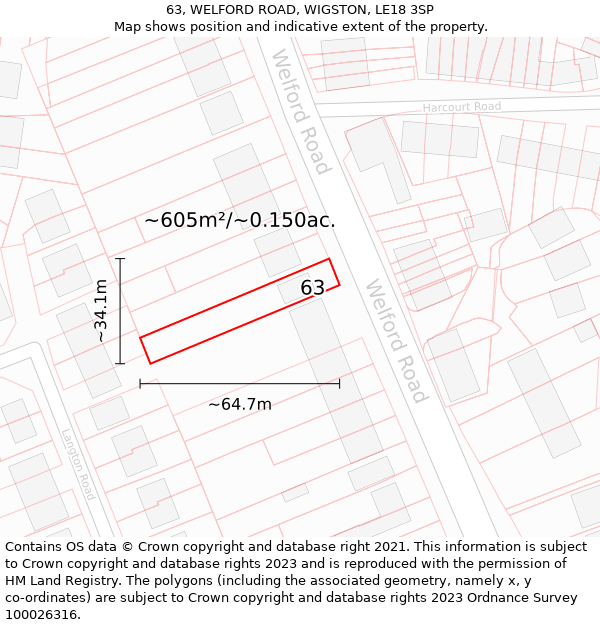 63, WELFORD ROAD, WIGSTON, LE18 3SP: Plot and title map