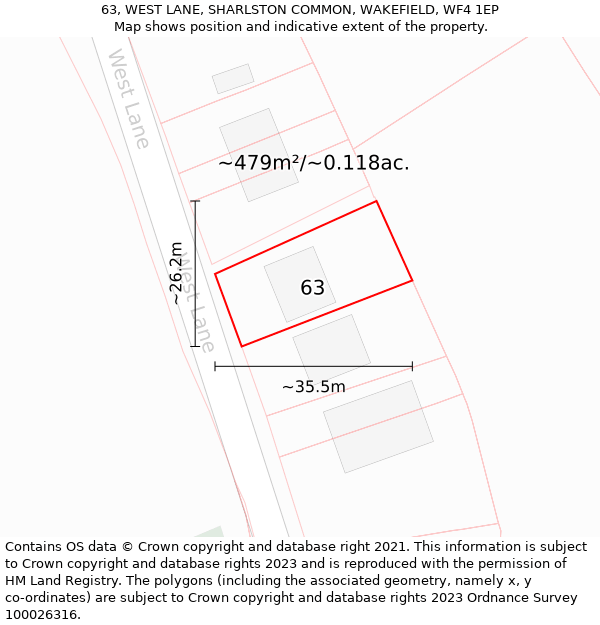 63, WEST LANE, SHARLSTON COMMON, WAKEFIELD, WF4 1EP: Plot and title map