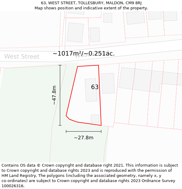 63, WEST STREET, TOLLESBURY, MALDON, CM9 8RJ: Plot and title map