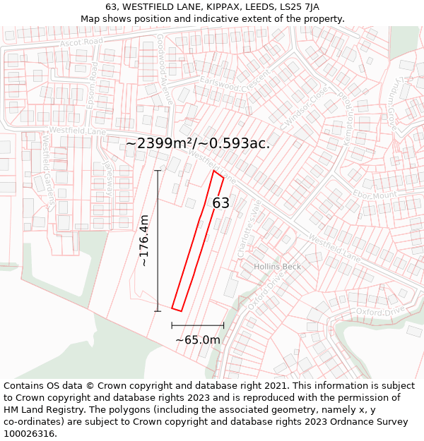 63, WESTFIELD LANE, KIPPAX, LEEDS, LS25 7JA: Plot and title map