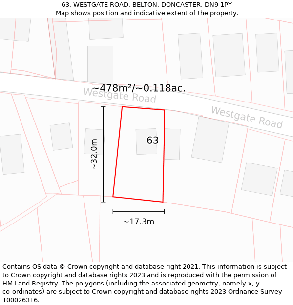 63, WESTGATE ROAD, BELTON, DONCASTER, DN9 1PY: Plot and title map