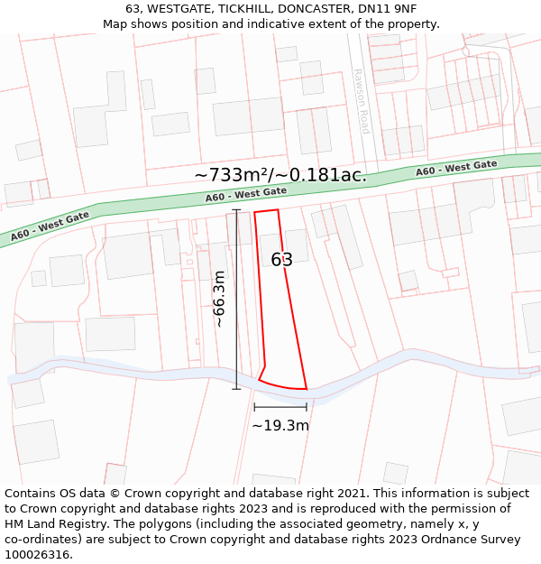 63, WESTGATE, TICKHILL, DONCASTER, DN11 9NF: Plot and title map