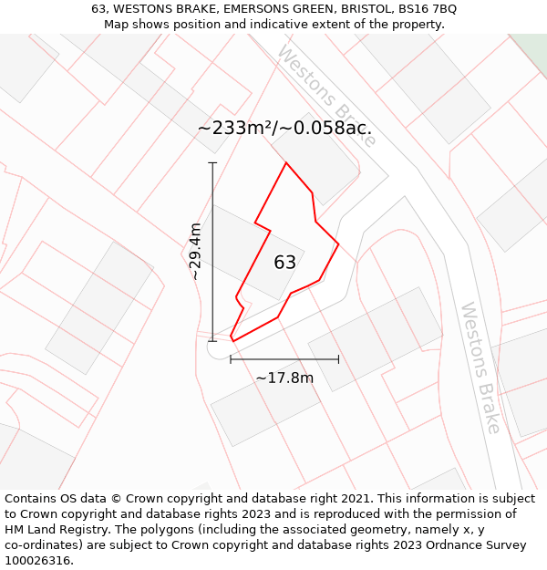 63, WESTONS BRAKE, EMERSONS GREEN, BRISTOL, BS16 7BQ: Plot and title map