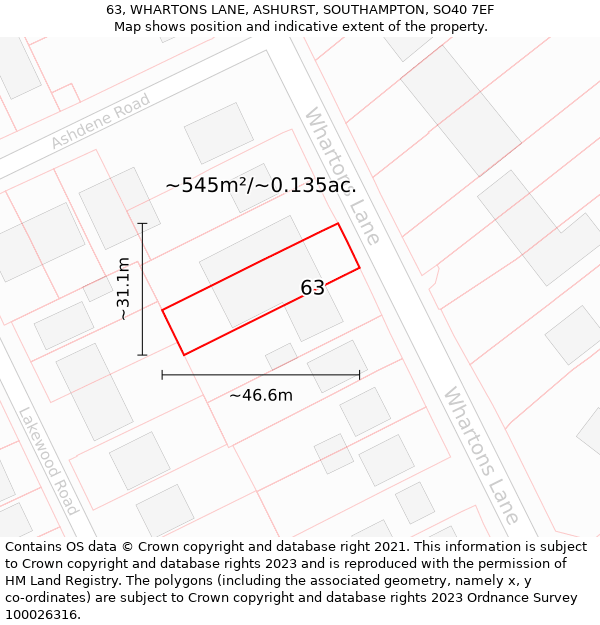 63, WHARTONS LANE, ASHURST, SOUTHAMPTON, SO40 7EF: Plot and title map