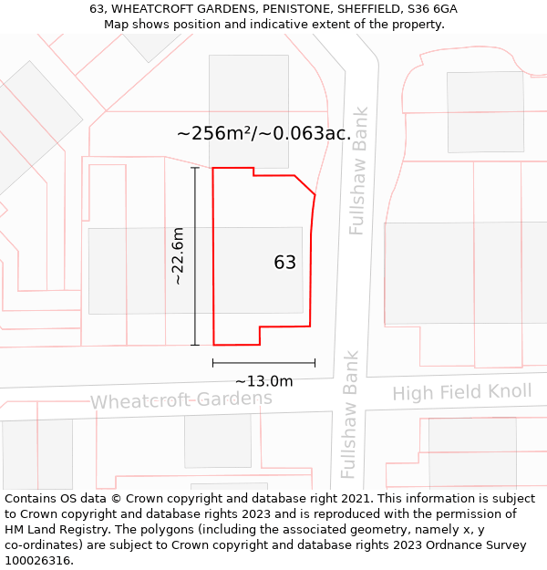 63, WHEATCROFT GARDENS, PENISTONE, SHEFFIELD, S36 6GA: Plot and title map