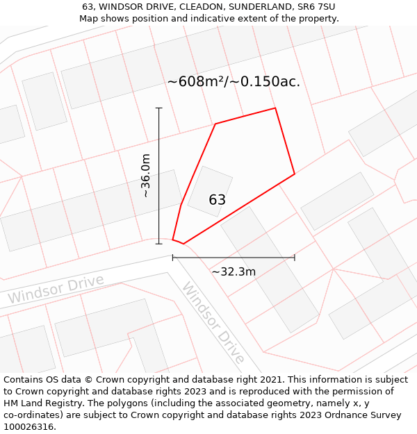 63, WINDSOR DRIVE, CLEADON, SUNDERLAND, SR6 7SU: Plot and title map