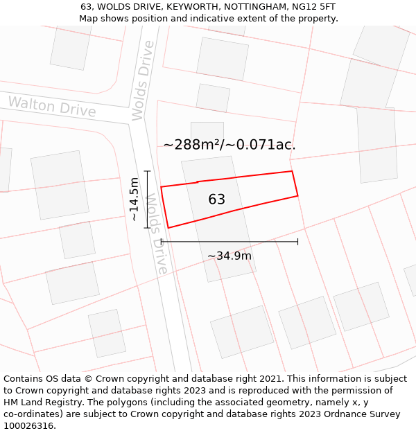 63, WOLDS DRIVE, KEYWORTH, NOTTINGHAM, NG12 5FT: Plot and title map