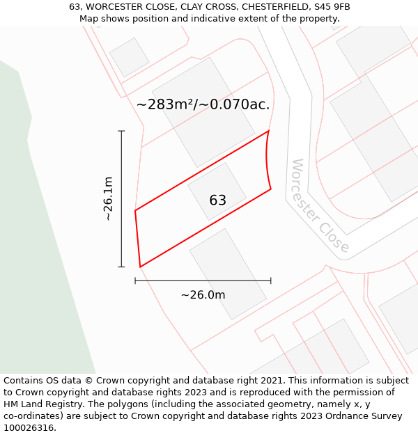 63, WORCESTER CLOSE, CLAY CROSS, CHESTERFIELD, S45 9FB: Plot and title map