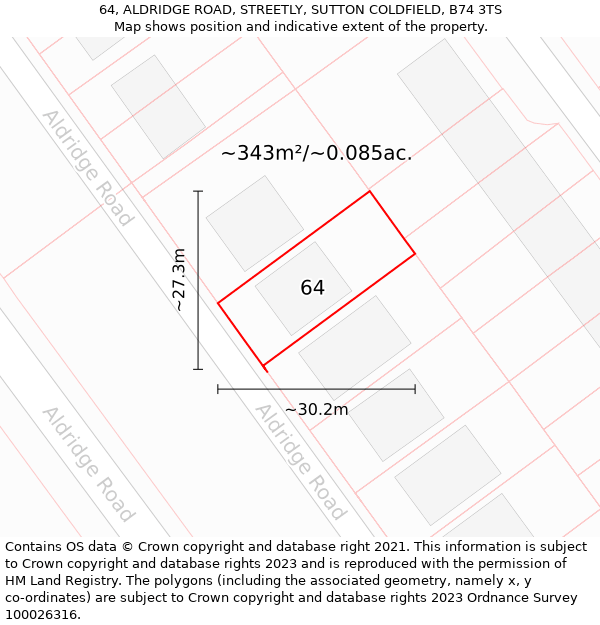 64, ALDRIDGE ROAD, STREETLY, SUTTON COLDFIELD, B74 3TS: Plot and title map