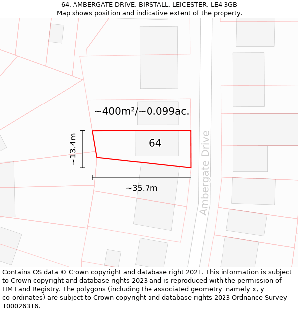 64, AMBERGATE DRIVE, BIRSTALL, LEICESTER, LE4 3GB: Plot and title map