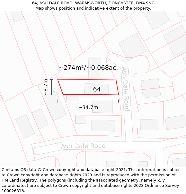 64, ASH DALE ROAD, WARMSWORTH, DONCASTER, DN4 9NG: Plot and title map