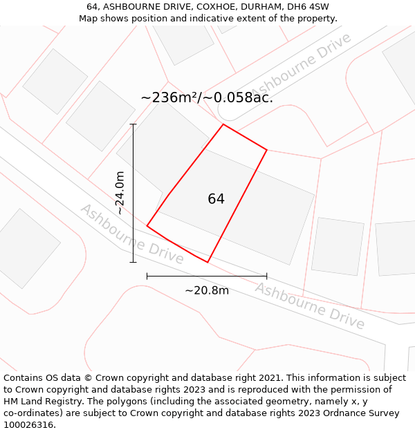 64, ASHBOURNE DRIVE, COXHOE, DURHAM, DH6 4SW: Plot and title map