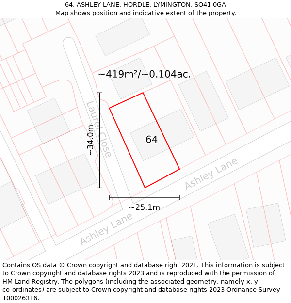 64, ASHLEY LANE, HORDLE, LYMINGTON, SO41 0GA: Plot and title map